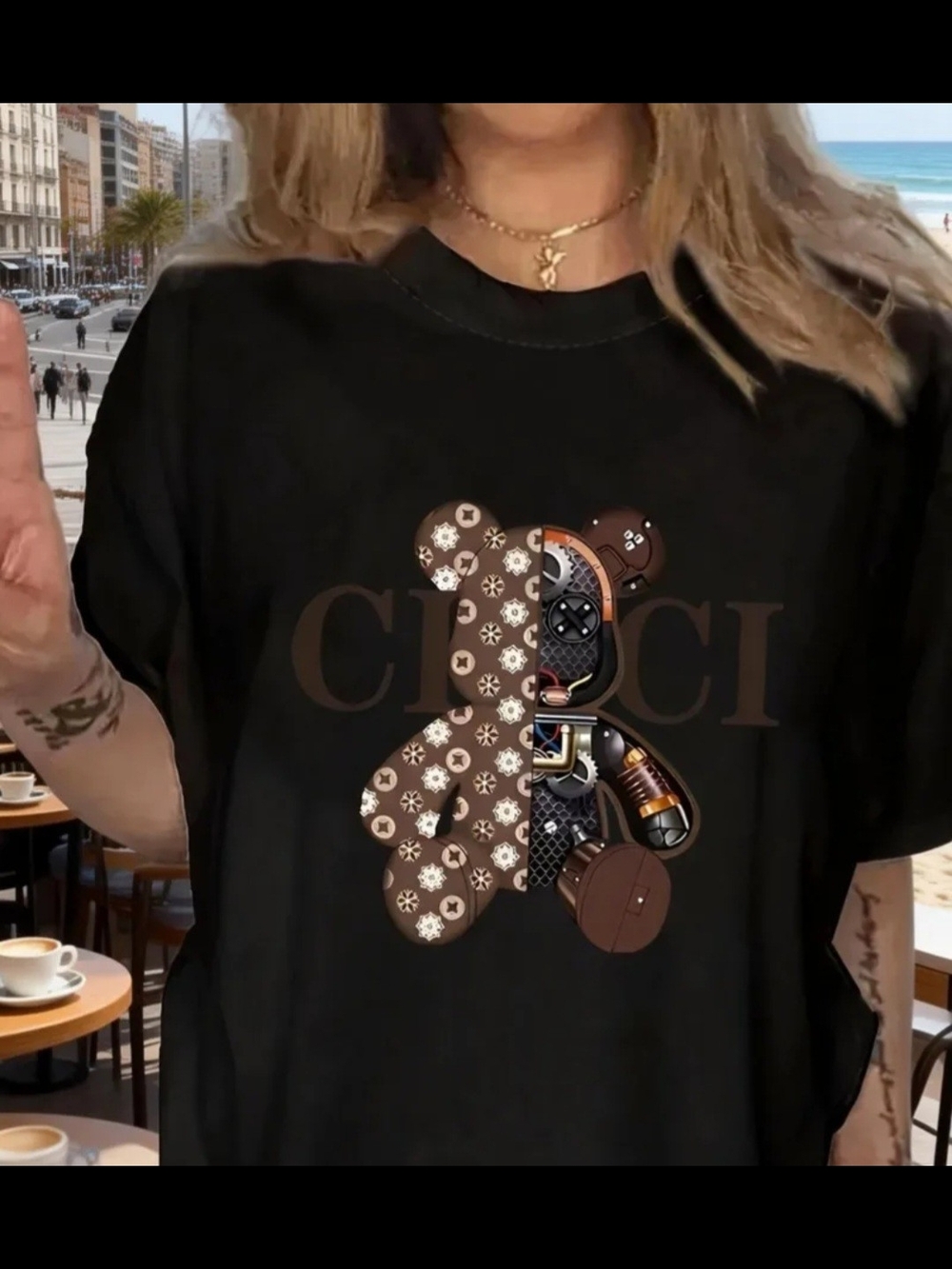 Black Graphic Teddy Logo Short Sleeve Tee - Gucci